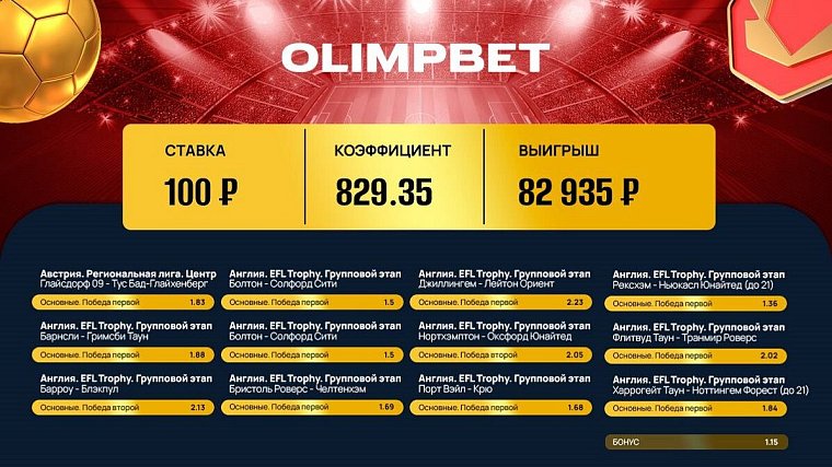 Клиент Olimpbet сорвал куш со ставки в 100 рублей - фото