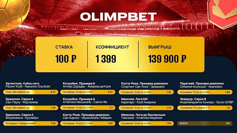 От Аргентины до Эквадора: у клиента Olimpbet зашла ставка с коэффициентом 1399.00