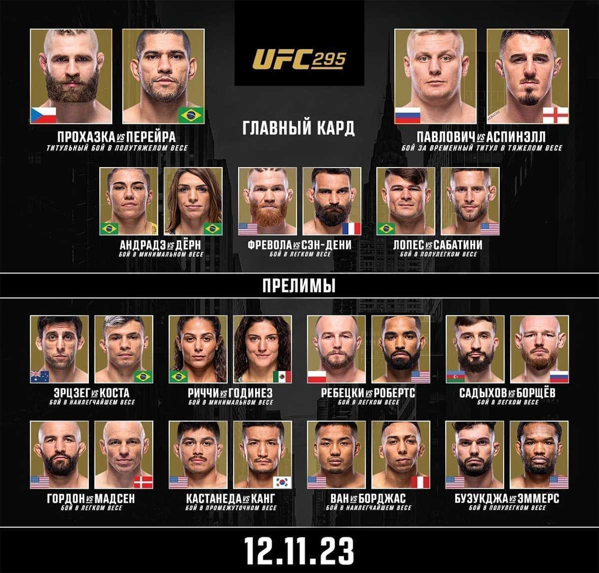 Прямой эфир UFC 295: смотреть онлайн Павлович – Аспиналл, Прохазка – Перейра